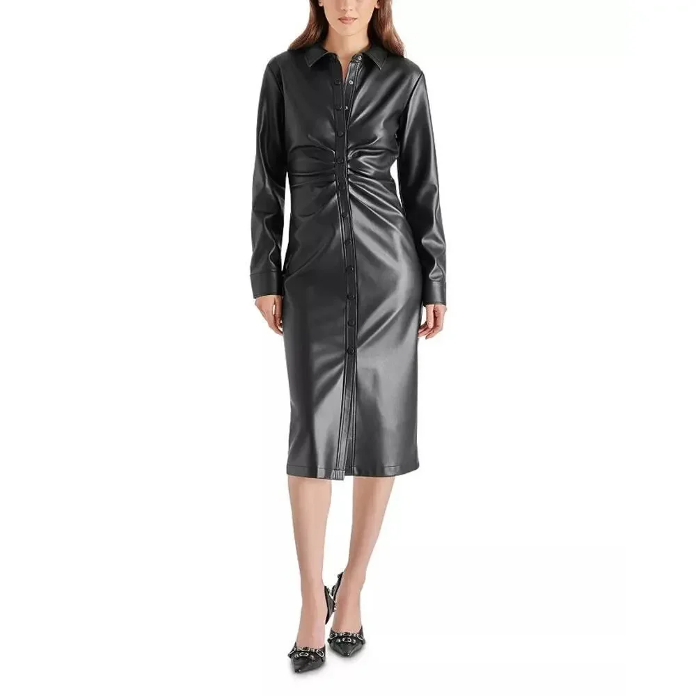 Steve Madden Women's Mclain Faux Leather Midi Shirtdress Black Size 4 NWT